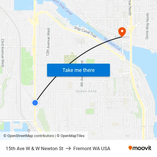 15th Ave W & W Newton St to Fremont WA USA map
