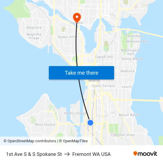 1st Ave S & S Spokane St to Fremont WA USA map