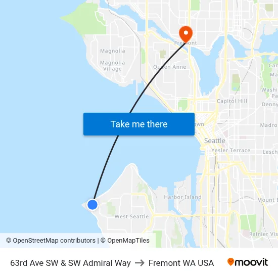 63rd Ave SW & SW Admiral Way to Fremont WA USA map
