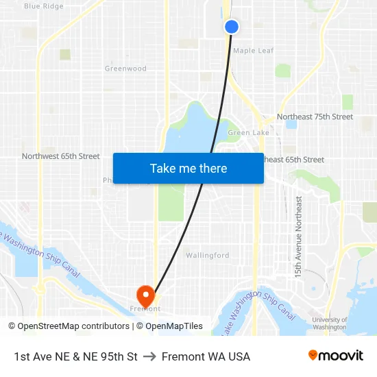 1st Ave NE & NE 95th St to Fremont WA USA map
