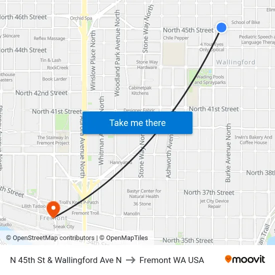 N 45th St & Wallingford Ave N to Fremont WA USA map