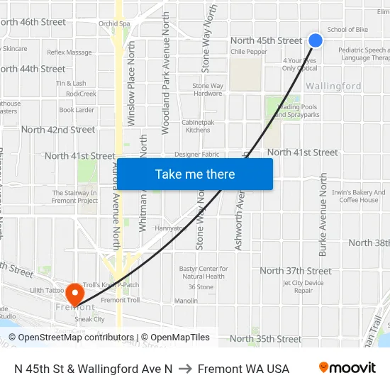 N 45th St & Wallingford Ave N to Fremont WA USA map