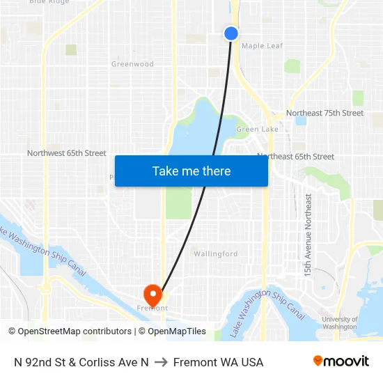 N 92nd St & Corliss Ave N to Fremont WA USA map