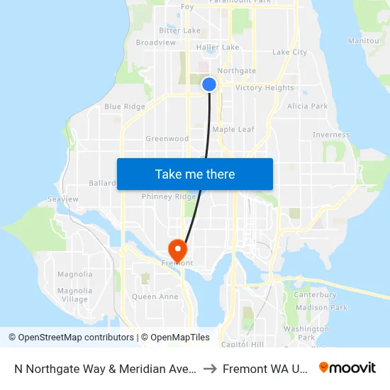N Northgate Way & Meridian Ave N to Fremont WA USA map