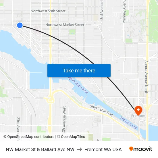 NW Market St & Ballard Ave NW to Fremont WA USA map