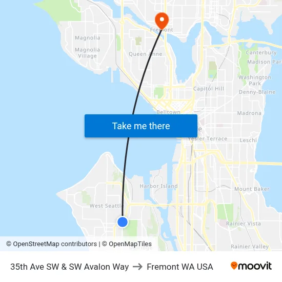 35th Ave SW & SW Avalon Way to Fremont WA USA map