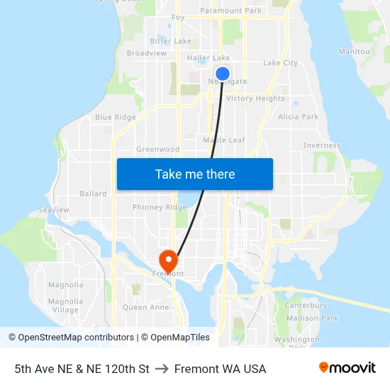 5th Ave NE & NE 120th St to Fremont WA USA map