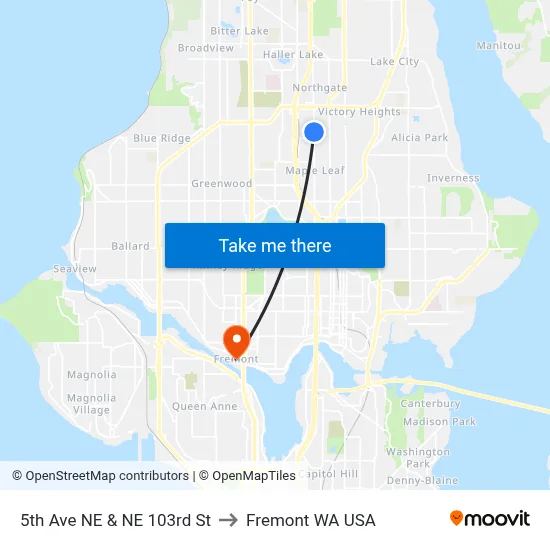 5th Ave NE & NE 103rd St to Fremont WA USA map