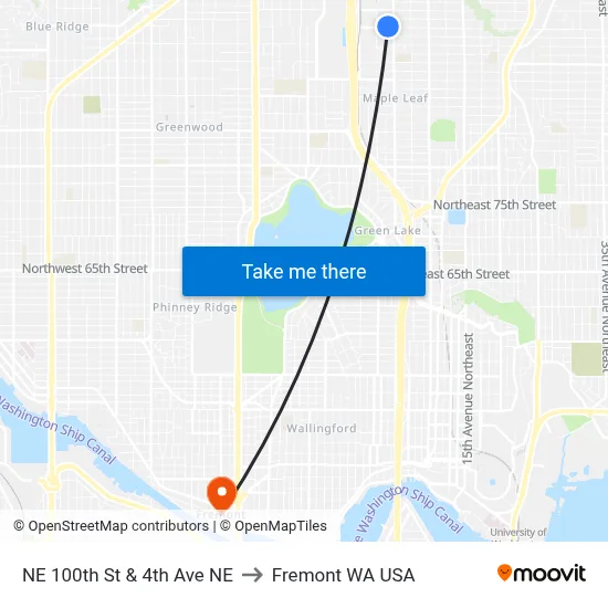 NE 100th St & 4th Ave NE to Fremont WA USA map