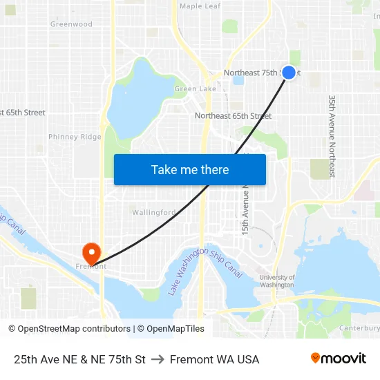25th Ave NE & NE 75th St to Fremont WA USA map