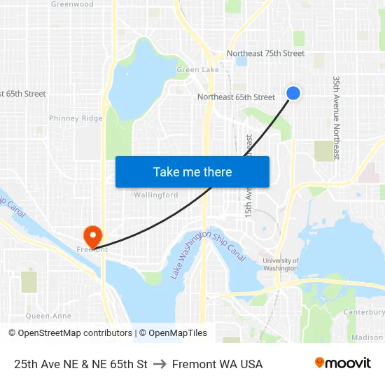 25th Ave NE & NE 65th St to Fremont WA USA map