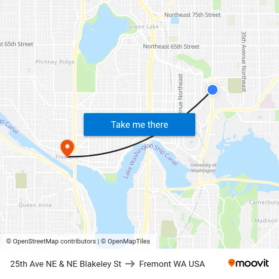 25th Ave NE & NE Blakeley St to Fremont WA USA map