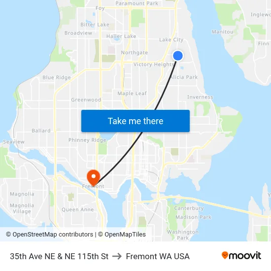 35th Ave NE & NE 115th St to Fremont WA USA map