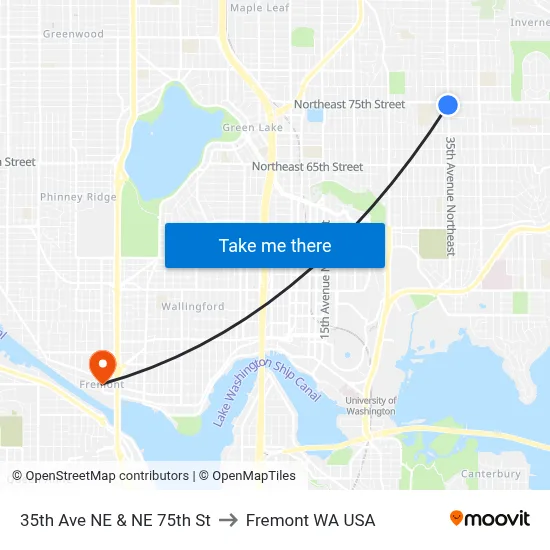 35th Ave NE & NE 75th St to Fremont WA USA map
