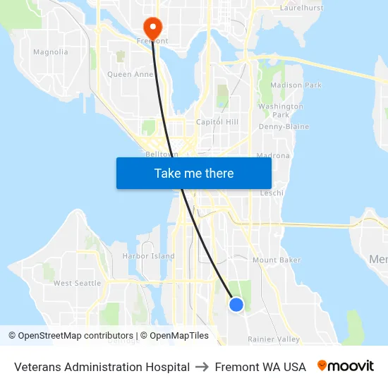 Veterans Administration Hospital to Fremont WA USA map
