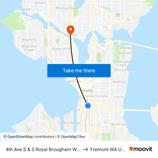 4th Ave S & S Royal Brougham Way to Fremont WA USA map