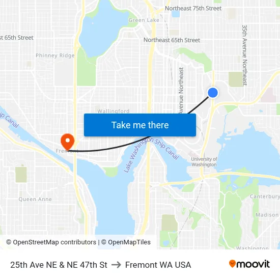 25th Ave NE & NE 47th St to Fremont WA USA map