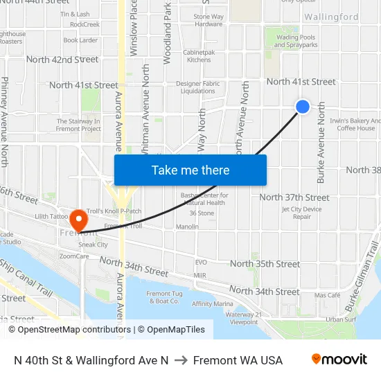 N 40th St & Wallingford Ave N to Fremont WA USA map