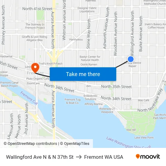 Wallingford Ave N & N 37th St to Fremont WA USA map
