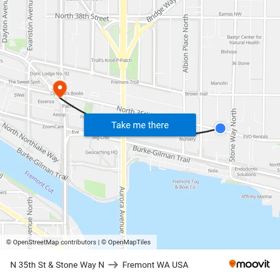 N 35th St & Stone Way N to Fremont WA USA map