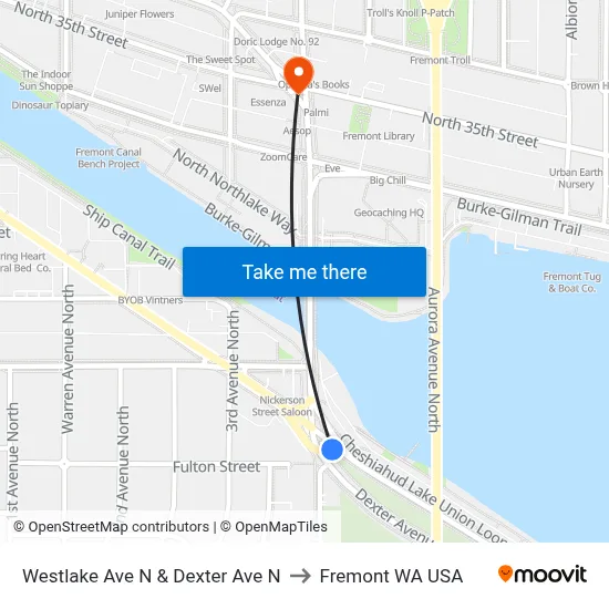 Westlake Ave N & Dexter Ave N to Fremont WA USA map