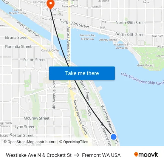 Westlake Ave N & Crockett St to Fremont WA USA map