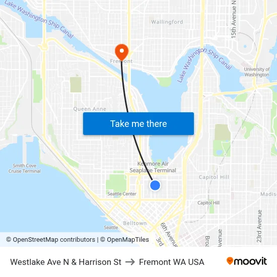 Westlake Ave N & Harrison St to Fremont WA USA map