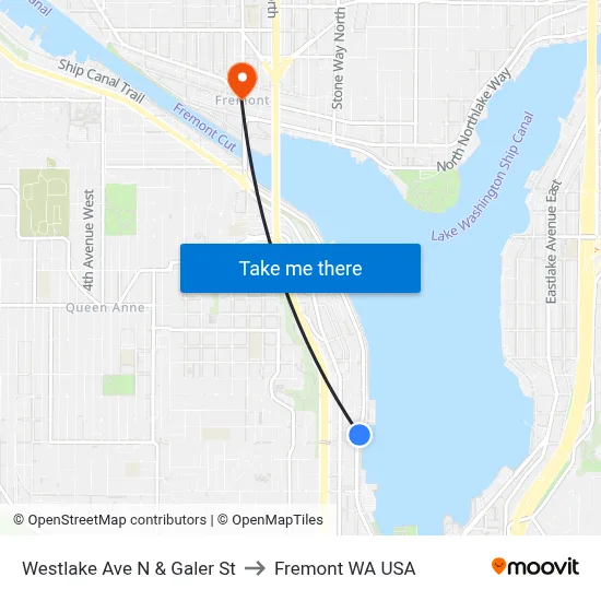 Westlake Ave N & Galer St to Fremont WA USA map