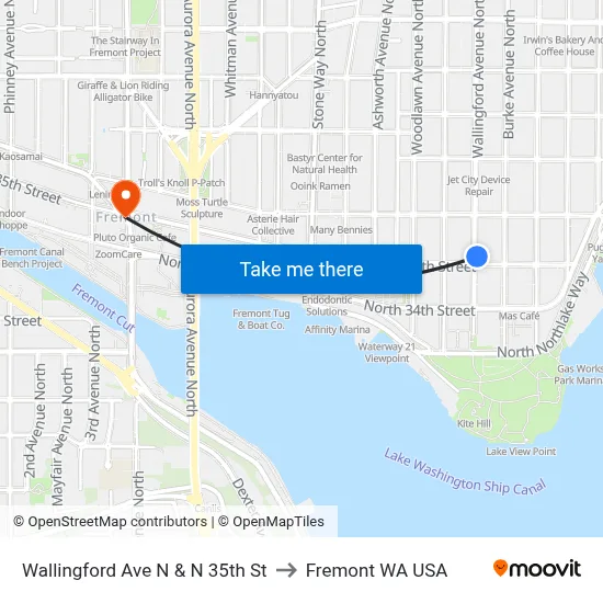 Wallingford Ave N & N 35th St to Fremont WA USA map