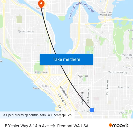 E Yesler Way & 14th Ave to Fremont WA USA map