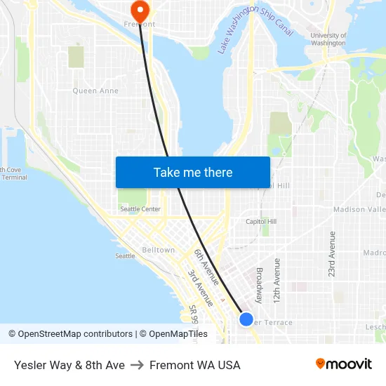 Yesler Way & 8th Ave to Fremont WA USA map