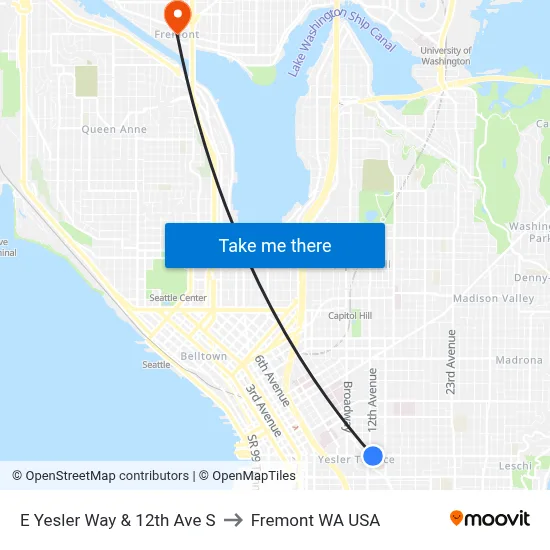 E Yesler Way & 12th Ave S to Fremont WA USA map
