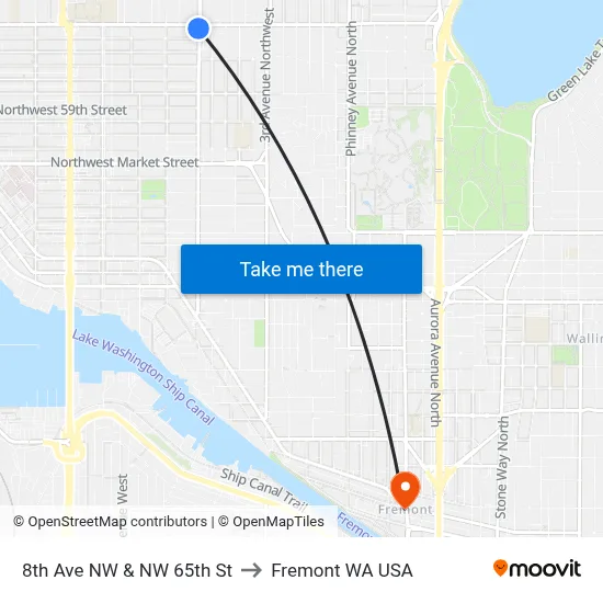 8th Ave NW & NW 65th St to Fremont WA USA map