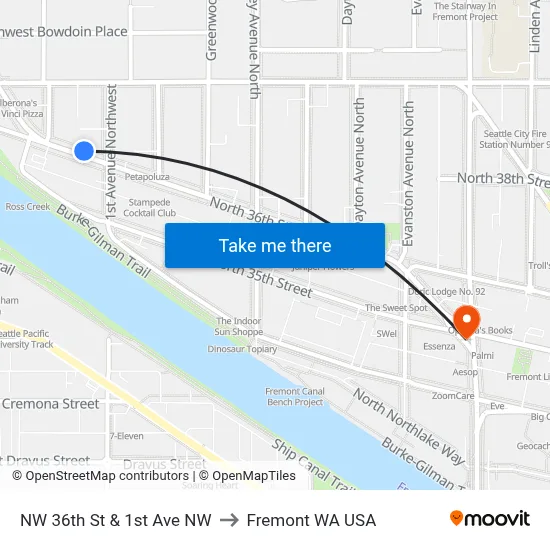 NW 36th St & 1st Ave NW to Fremont WA USA map