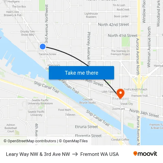 Leary Way NW & 3rd Ave NW to Fremont WA USA map