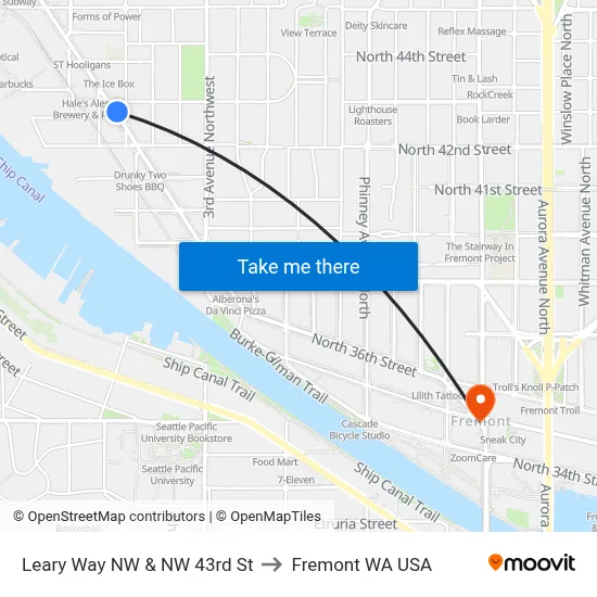 Leary Way NW & NW 43rd St to Fremont WA USA map