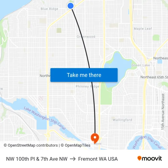 NW 100th Pl & 7th Ave NW to Fremont WA USA map