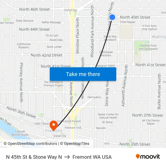 N 45th St & Stone Way N to Fremont WA USA map