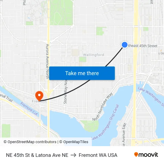 NE 45th St & Latona Ave NE to Fremont WA USA map