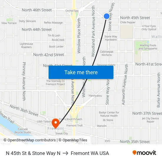 N 45th St & Stone Way N to Fremont WA USA map