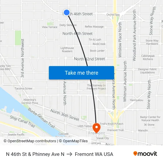 N 46th St & Phinney Ave N to Fremont WA USA map