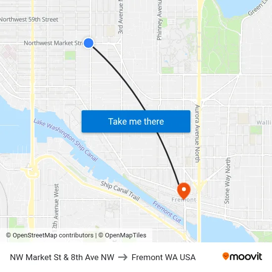 NW Market St & 8th Ave NW to Fremont WA USA map