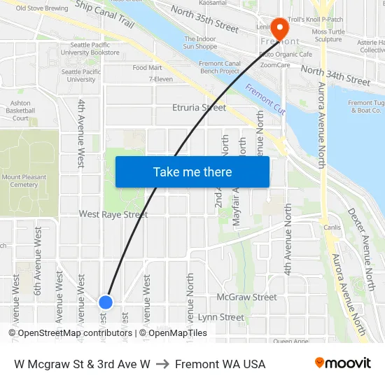 W Mcgraw St & 3rd Ave W to Fremont WA USA map