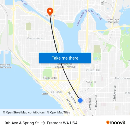 9th Ave & Spring St to Fremont WA USA map