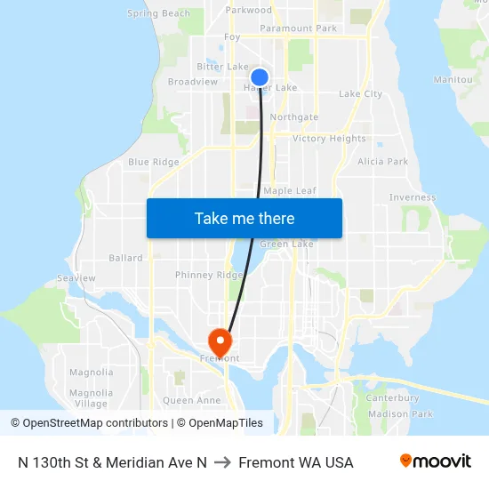 N 130th St & Meridian Ave N to Fremont WA USA map