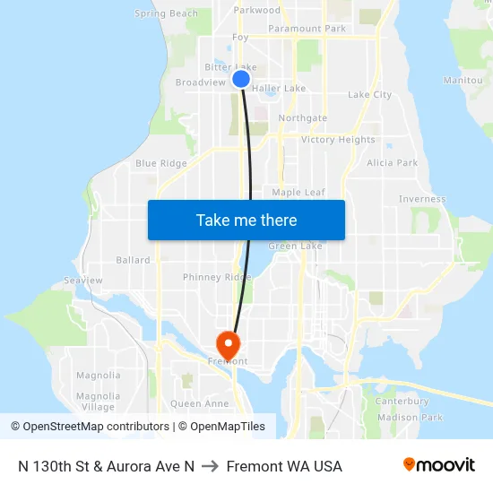 N 130th St & Aurora Ave N to Fremont WA USA map