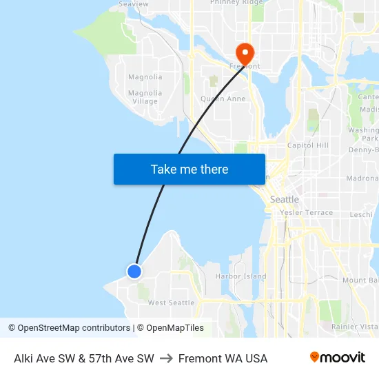 Alki Ave SW & 57th Ave SW to Fremont WA USA map