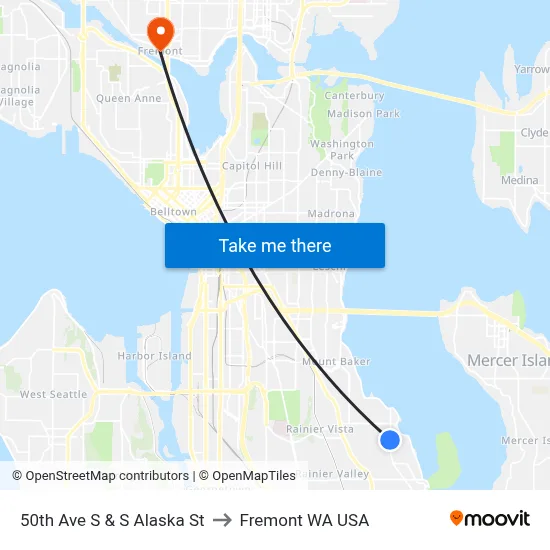 50th Ave S & S Alaska St to Fremont WA USA map