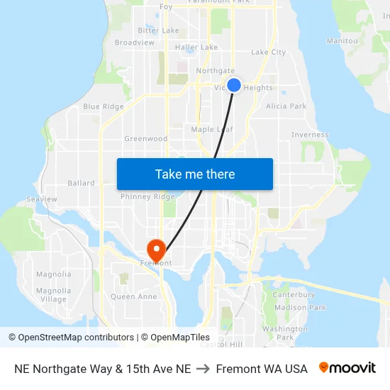NE Northgate Way & 15th Ave NE to Fremont WA USA map