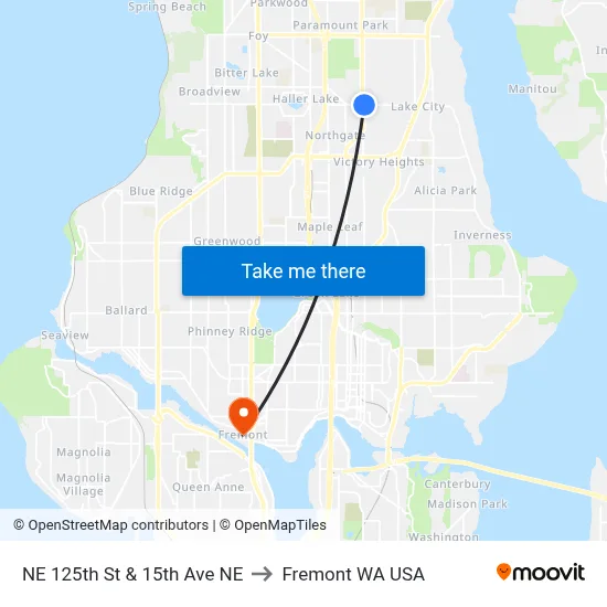 NE 125th St & 15th Ave NE to Fremont WA USA map